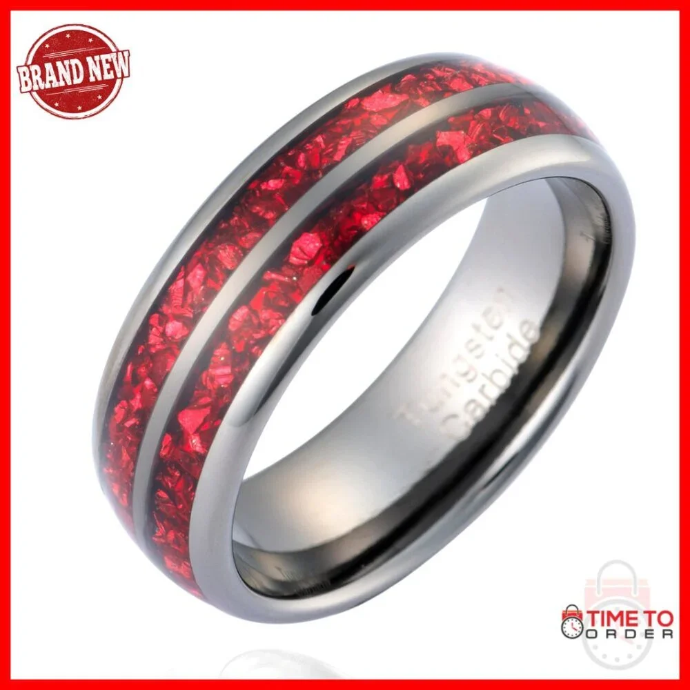 Men's Tungsten Carbide Wedding Band Garnet Inlay Size 13 Comfort Fit